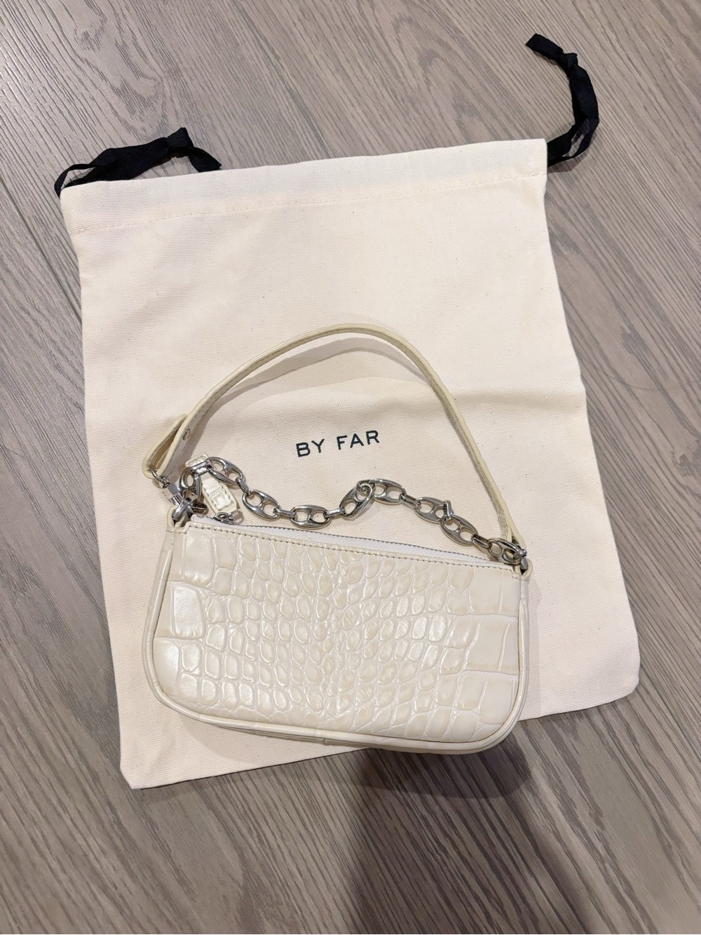 BY FAR Cream Croc-Embossed Mini Bag with Silver Chain